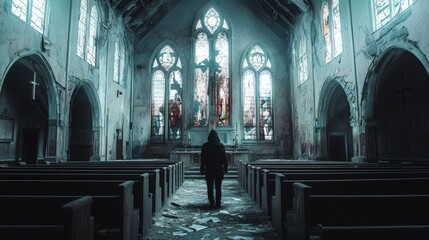 A lone figure stands in a decaying church