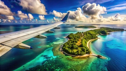 Serene Aerial View of Tropical Island from Airplane Wing - Minimalist Photography, Tranquil Landscapes, and Nature's Beauty Captured in Flight