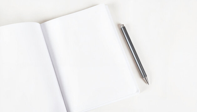 Blank notebook and pen on white background, minimalist workspace