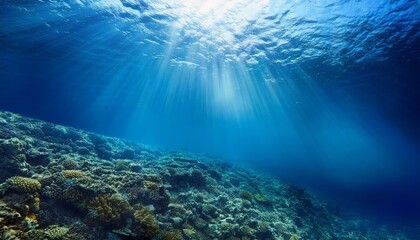 Obraz premium Tranquil underwater scene with sunlight rays piercing the deep blue ocean