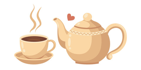 Vector illustration of a teapot and cup. Kitchenware. Tea love concept.