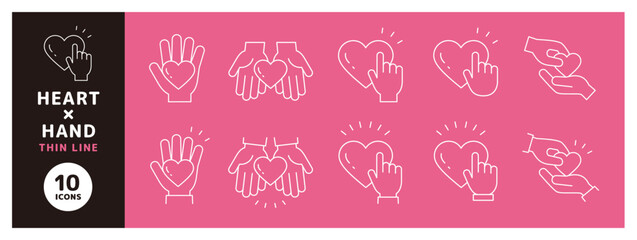 愛や心を表す手とハートのアイコンセット＿細い線＿白い線