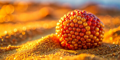close up shot of vibrant sand berry, showcasing its unique texture and colors against shimmering sandy background. warm tones create captivating visual experience