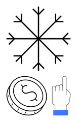 Snowflake above dollar coin and upward pointing hand with blue wrist. Ideal for economics, finance, winter, marketing, seasonal sales, savings, and business growth themes. Line metaphor