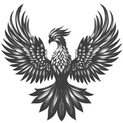Obraz premium Majestic phoenix bird with wings spread wide, detailed grayscale illustration.