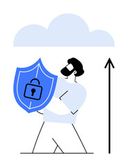 Man with shield and padlock symbol beneath cloud upward arrow. Ideal for data security, cloud storage, protection, privacy, technology, growth, online safety. Line metaphor