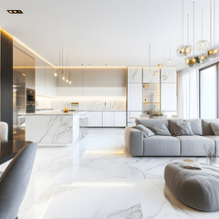 Obraz premium A modern living room with a white marble kitchen and a white couch. The room is well lit and has a clean, minimalist look