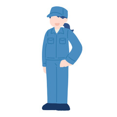 腰に手をあてて立つ作業服を着た女性のフラットなイラスト
