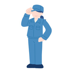 腰に手をあて作業帽に手を添えて立つ作業服を着た女性のフラットなイラスト
