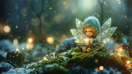 Fototapeta premium A beautifully detailed fantasy painting of a small doll with translucent wings, sitting on a moss-covered rock in a winter wonderland.