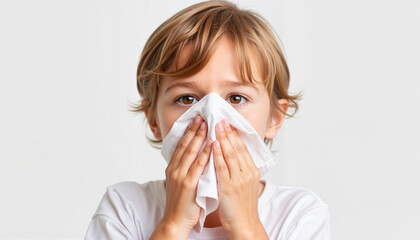 Child sneezing into tissue with playful expression, white backdrop