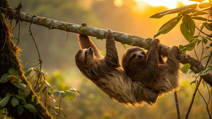 Two Sloths Bonding on a Tree in Golden Sunset