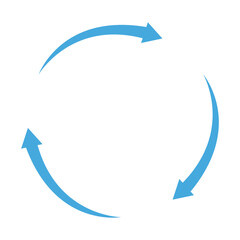 Three arrows circle clockwise cycle. Recycle, repeat, refresh. Flat vector illustration isolated on white background.