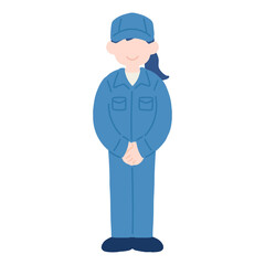 正面で手を組んで立つ作業服を着た女性のフラットなイラスト
