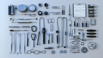 Medical instruments: Tools like forceps and other surgical instruments. Medical charts. Miscellaneous equipment: Items such as a blood pressure cuff, a thermometer, and other diagnostic tools.