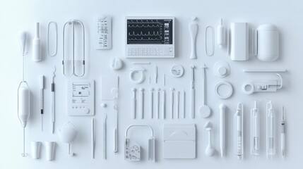 the Illustration. black and white medical equipment with modern simple and the background white. features a collection of medical equipment and tools, all rendered in monochromatic white color scheme.