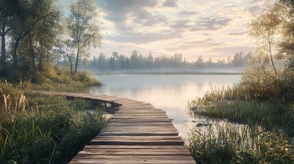 Fototapeta premium A Wooden Path to a Calm Lake Landscape Nature Photo