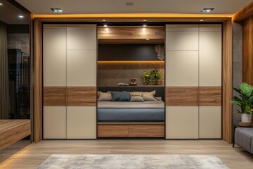 Modern bedroom with built-in bed and sliding wardrobe.