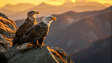 Majestic Bald Eagles Overlooking Mountains at Sunset