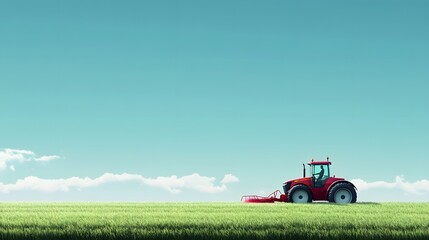 Red Tractor Harvesting Green Field Under Blue Sky