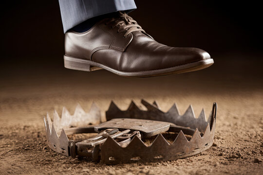 Businessman&rsquo;s foot over a bear trap, concept of problem-solving and crisis management