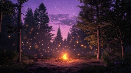 A serene campfire scene surrounded by trees and glowing fireflies at twilight.