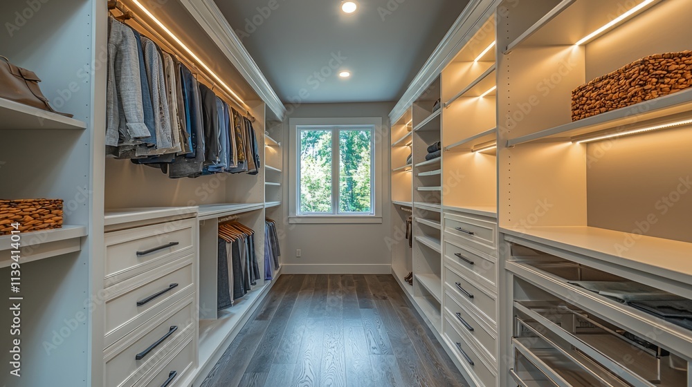 Poster a large walk in closet with a window and shelves