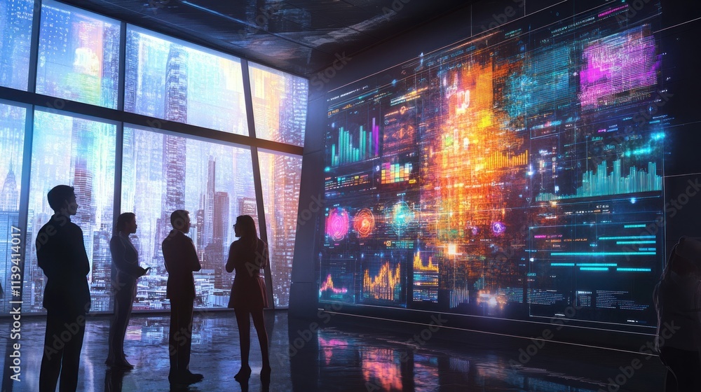 Aufkleber a group of professionals analyzing data on a large screen in a modern office setting.