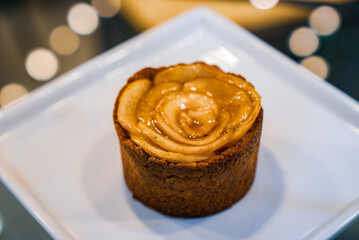 chocolate cake on plate with apple top