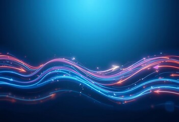 Obraz premium A wave pattern of neon arrows over a deep blue gradient