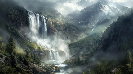 Fototapeta premium Majestic Waterfall Plunging Through Mist-Shrouded Mountains