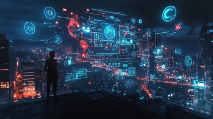 Fototapeta premium A futuristic cityscape with digital interfaces and data visualizations.