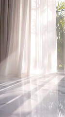 A window with white curtains is letting in sunlight, creating a warm and inviting atmosphere. The room is empty, with only a few potted plants scattered around, adding a touch of greenery to the space