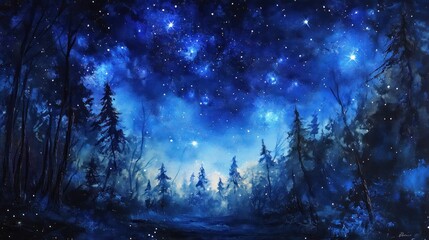 Naklejka premium Silhouetted Pine Trees Against a Starry Night Sky