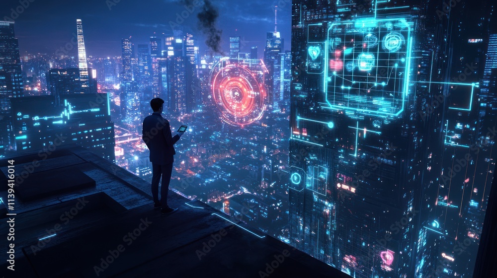 Poster a futuristic cityscape with a person observing digital interfaces and data projections.