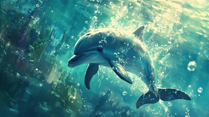 Naklejka premium A dolphin gracefully swims through vibrant underwater scenery, surrounded by bubbles.