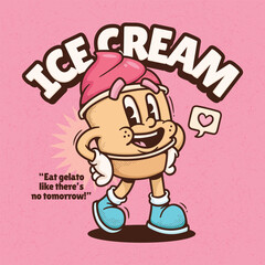 Ice Cream Trendy Retro Cartoon Vector Hand Drawn 