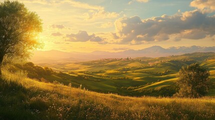 Naklejka premium Golden Sunset Over Rolling Hills and a Distant Village