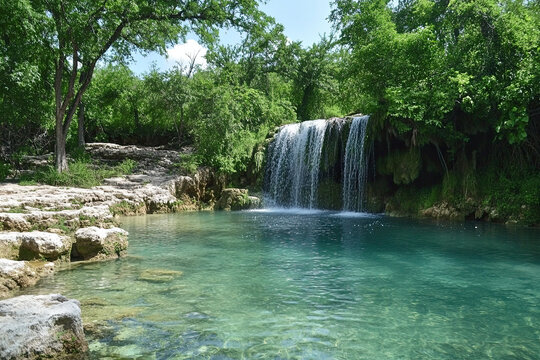 Rainforest waterfall cascading into a clear pool surrounded by lush vegetation