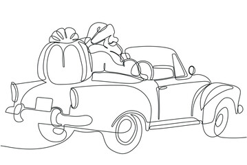 Obraz premium One continuous line drawing Santa Claus on reindeer and sled. concept for Christmas and New Year. vector illustration. Vector illustration