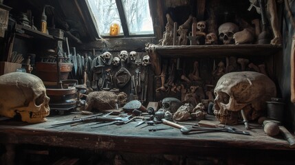 An old workshop filled with skulls and tools