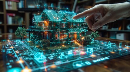 Obraz premium Hand interacts with a glowing, digital house model on table.