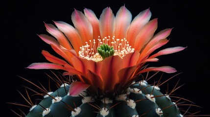 Close-up of a blooming red cactus with sharp spines