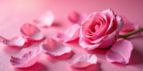 Fototapeta premium Softly glowing rose petals on a crumpled pink background, rose, pastel