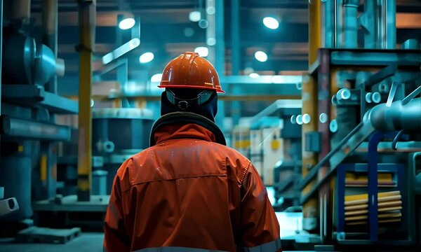 A worker in a reflective orange safety uniform walking inside an industrial factory, surrounded by machinery and equipment, capturing the essence of industrial landscapes.