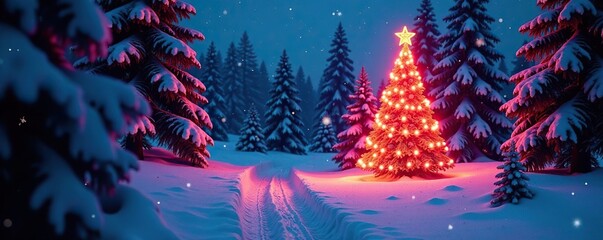 Obraz premium Snowy forest illuminated with glowing neon lights forming a festive Christmas tree shape, neon, glow, ornaments