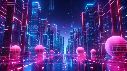 Obraz premium Neon Cityscape: A Futuristic Metropolis Illuminated by Vibrant Hues and Glowing Orbs