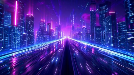 Fototapeta premium Neon City Nights: A Futuristic Metropolis Illuminated by Vibrant Hues and Speeding Lights