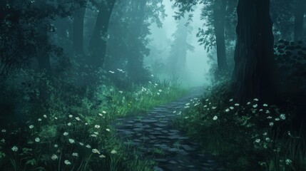 Obraz premium Enchanted Forest Path: A Mystical Journey Through Misty Woods