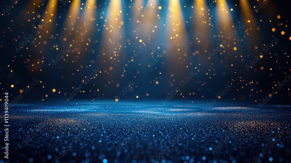 Poster a shimmering stage with spotlights and floating particles, creating a vibrant atmosphere.